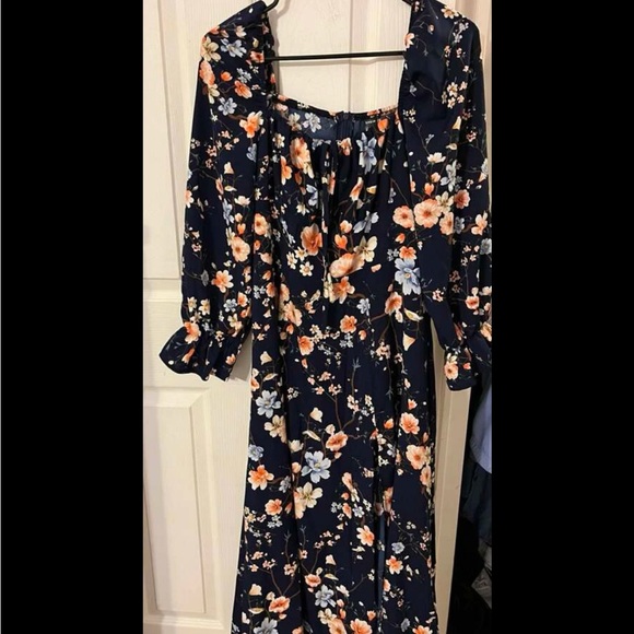 Floral Dress Square Neck Fit & Flare Maxi Long Sleeve Leg Slit Front Ties Blue - Picture 15 of 16